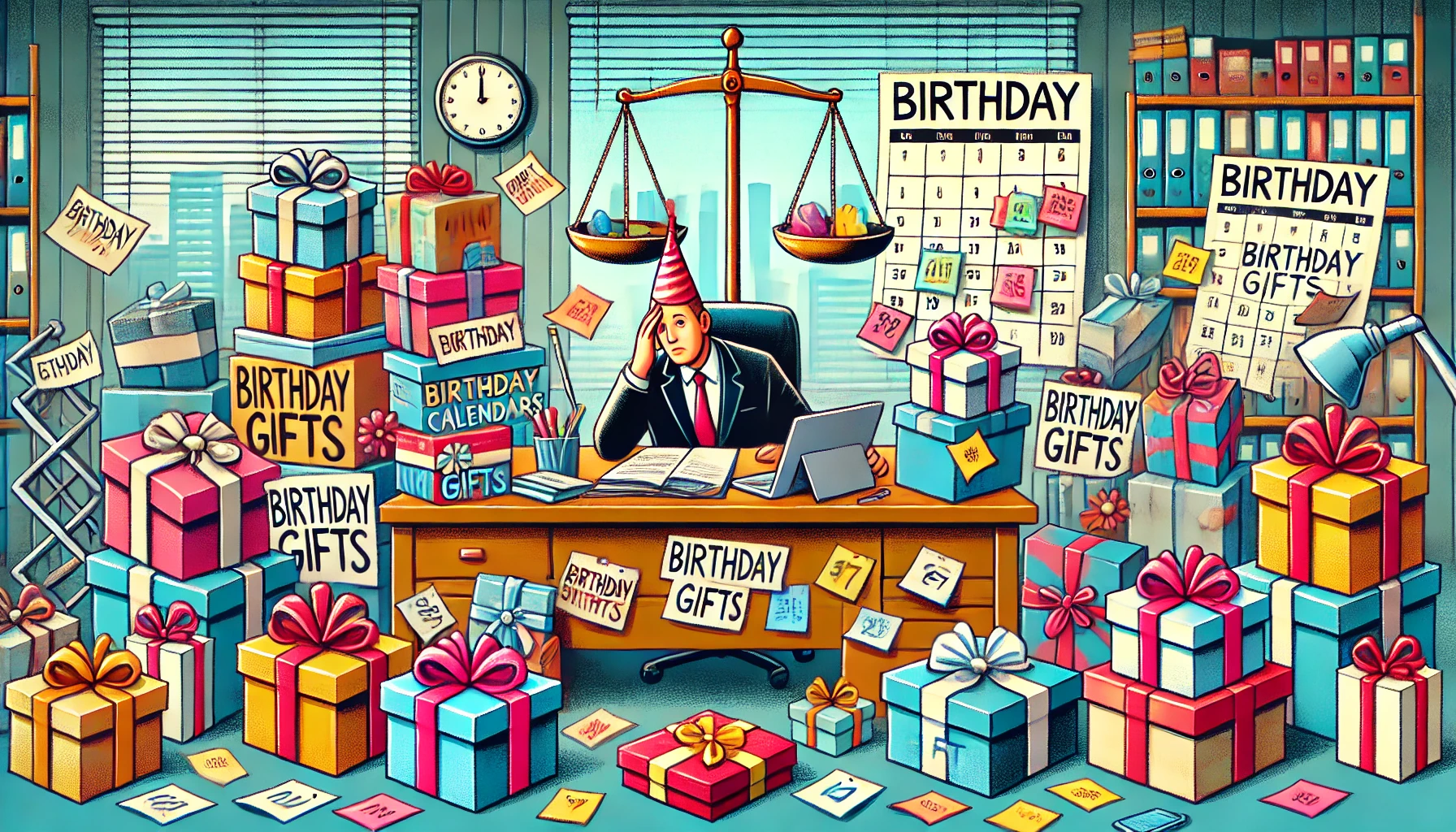 DALL·E 2024-11-15 13.58.21 - A visually engaging illustration depicting the challenges of organizing birthday gifts for employees. The image shows a busy office desk cluttered wit